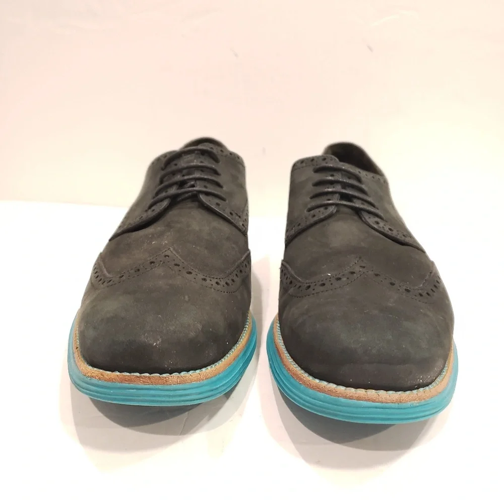 Cole Haan Mens Dress Shoes Lunargrand wingtips black suede and Tiffany blue 11.5